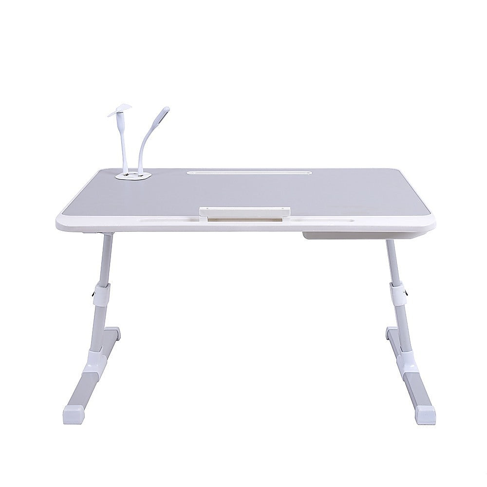 Adjustable laptop desk stand tray featuring anti-slip leather surface, sturdy folded legs, and storage drawer — view 2