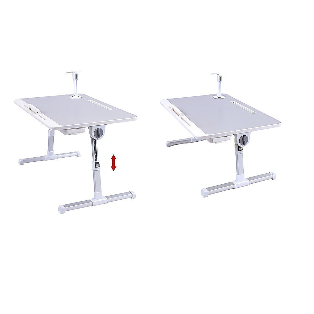 Adjustable laptop desk stand tray featuring anti-slip leather surface, sturdy folded legs, and storage drawer — view 3