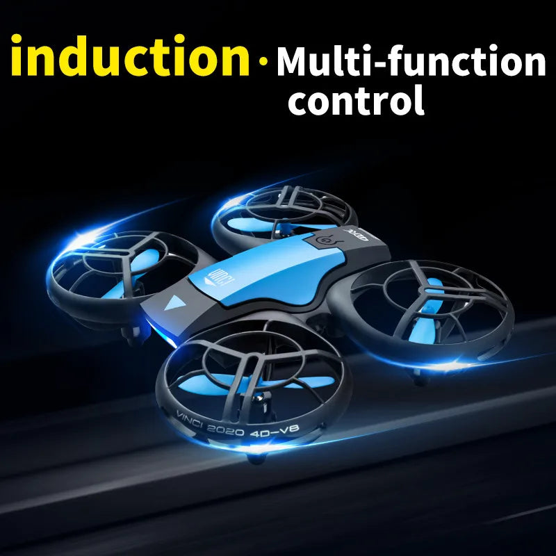 Compact 4K HD mini drone quadcopter with remote control and four spinning propellers — view 4