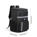 Black insulated cooler backpack with padded straps, mesh pockets, and built-in bottle opener