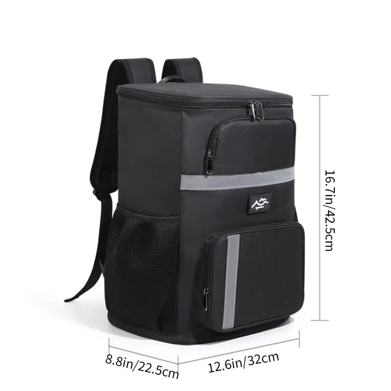 Black insulated cooler backpack with padded straps, mesh pockets, and built-in bottle opener