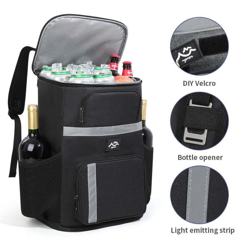 Black insulated cooler backpack with padded straps, mesh pockets, and built-in bottle opener — view 2