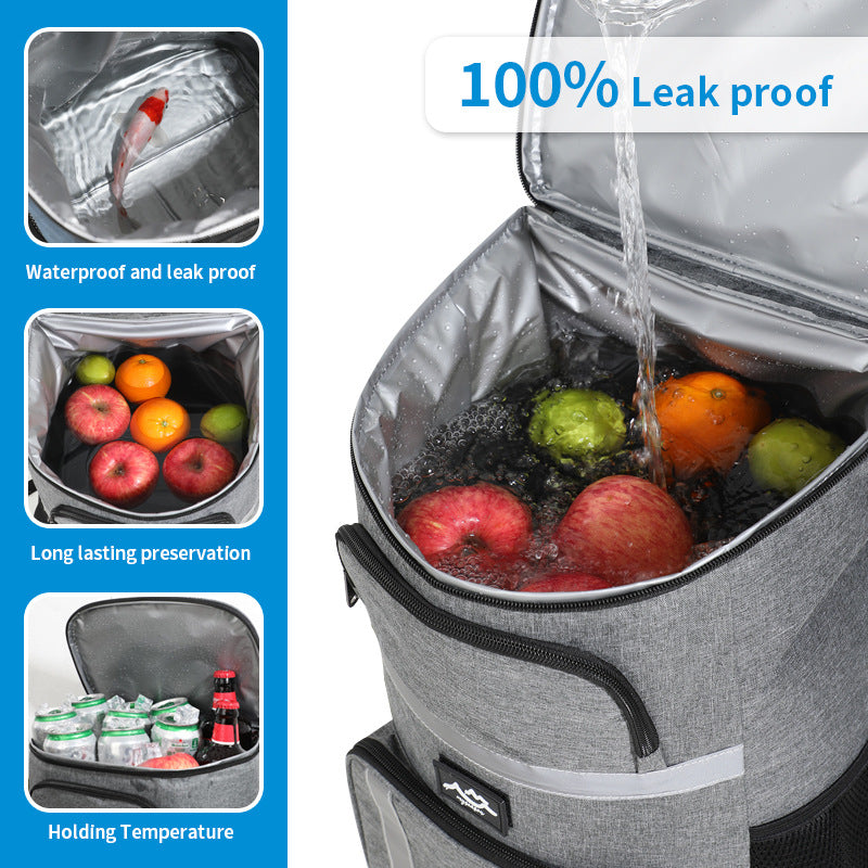 Black insulated cooler backpack with padded straps, mesh pockets, and built-in bottle opener — view 3