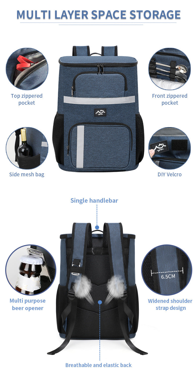 Black insulated cooler backpack with padded straps, mesh pockets, and built-in bottle opener — view 5