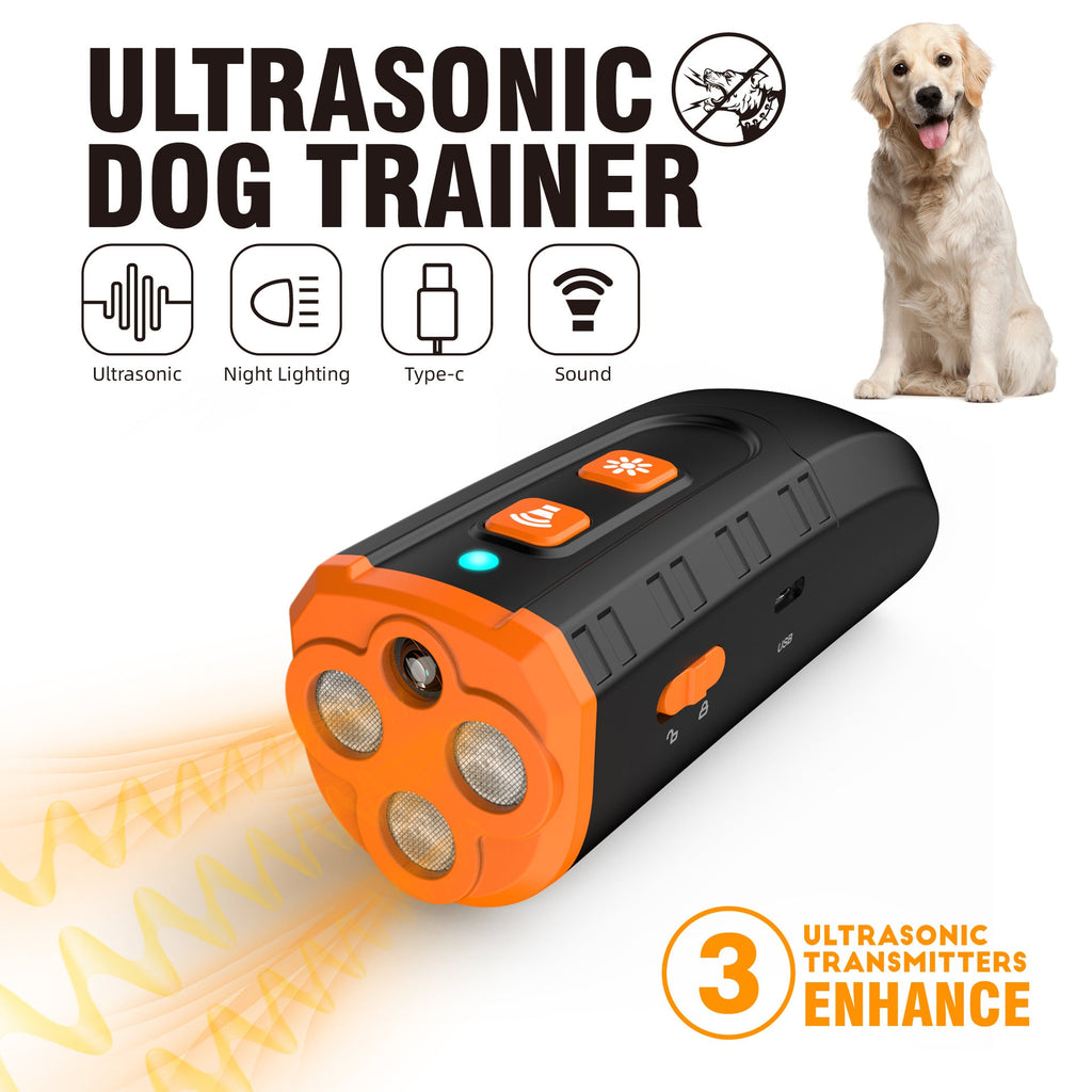 Ultrasonic dog trainer device, compact handheld form with built-in night light and charging port