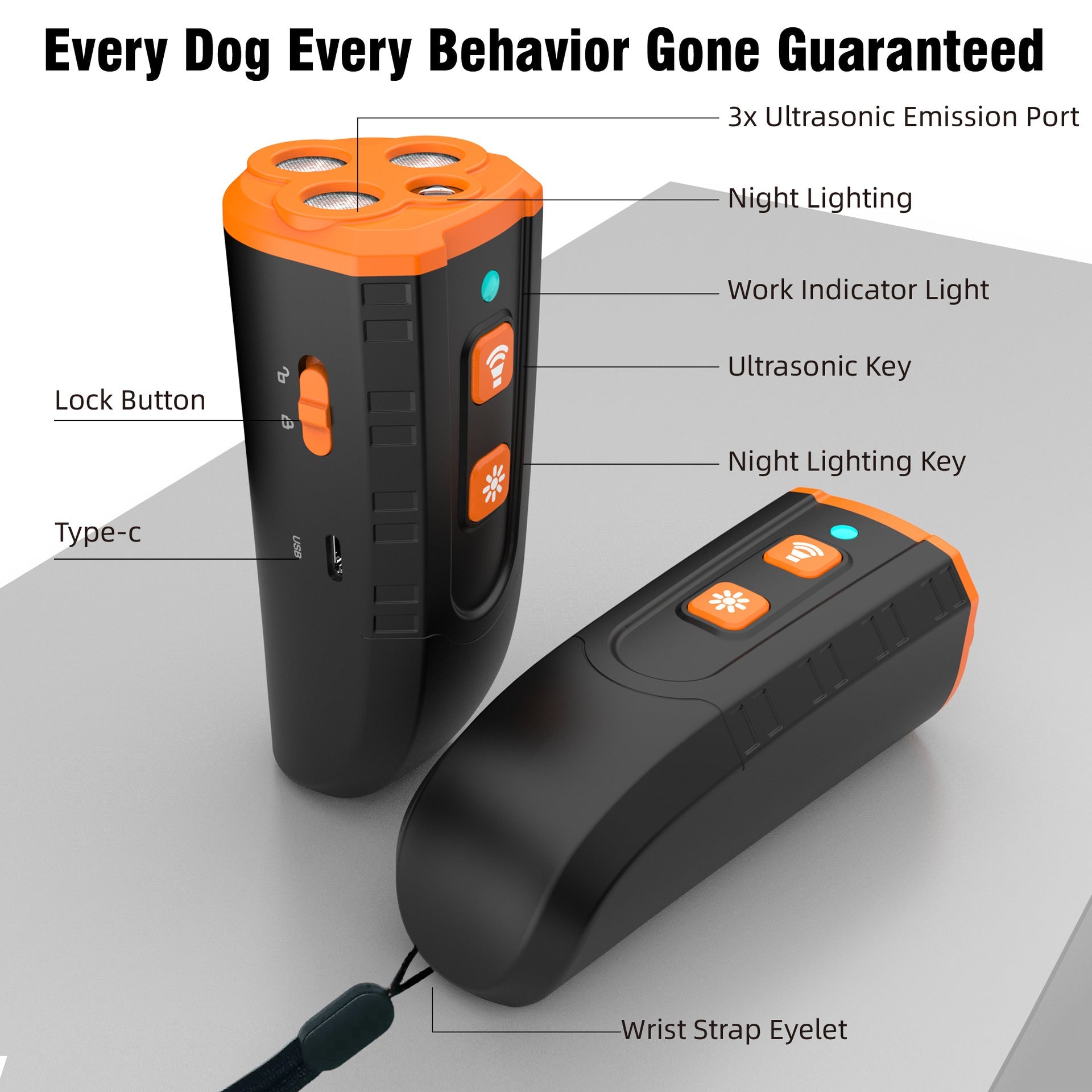 Ultrasonic dog trainer device, compact handheld form with built-in night light and charging port — view 2