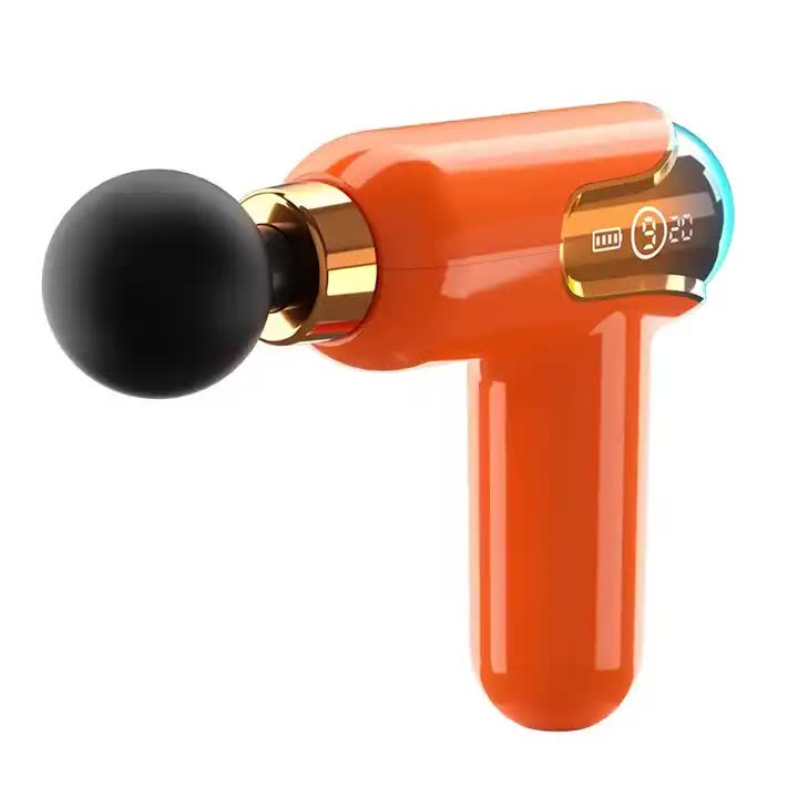 Orange portable deep tissue massage gun with four interchangeable heads and digital speed display