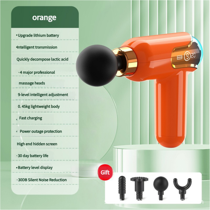 Orange portable deep tissue massage gun with four interchangeable heads and digital speed display — view 2