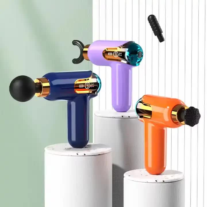 Orange portable deep tissue massage gun with four interchangeable heads and digital speed display — view 4