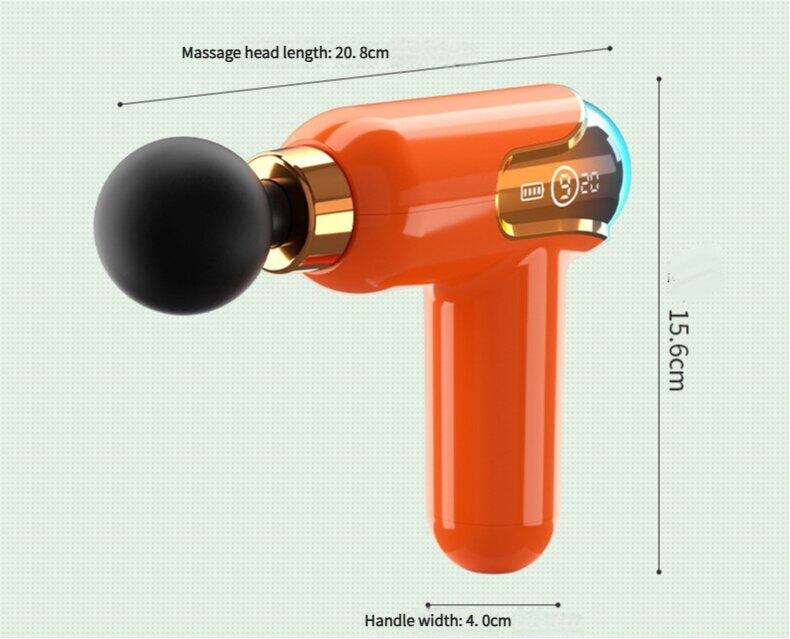 Orange portable deep tissue massage gun with four interchangeable heads and digital speed display — view 5