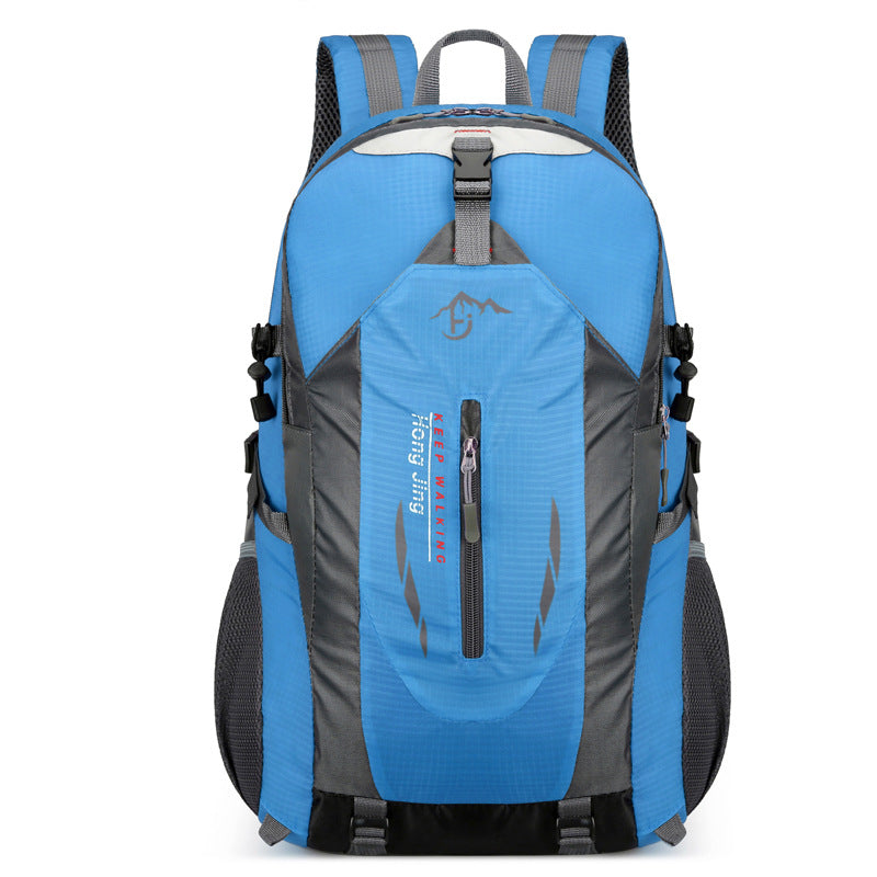 Blue lightweight hiking backpack with multiple compartments and padded straps for outdoor travel