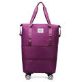 Purple large capacity foldable rolling travel duffel bag with wheels and durable waterproof fabric.