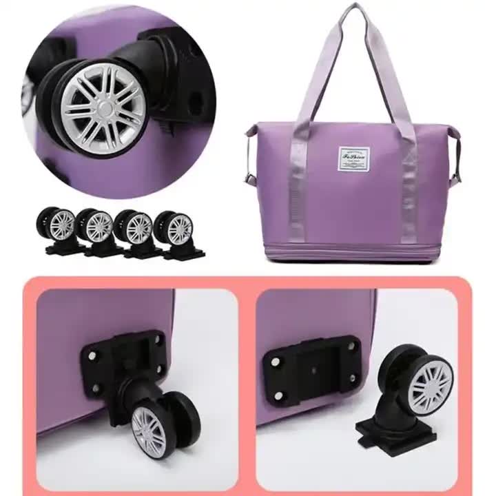 Purple large capacity foldable rolling travel duffel bag with wheels and durable waterproof fabric. — view 3