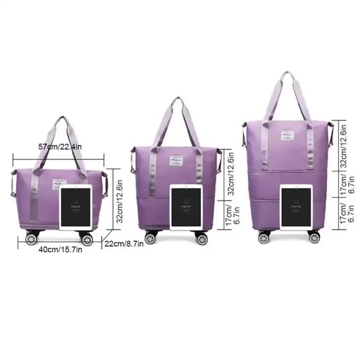 Purple large capacity foldable rolling travel duffel bag with wheels and durable waterproof fabric. — view 5