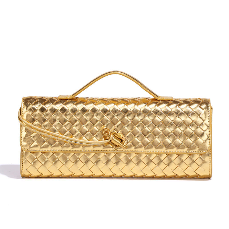 Gold woven PU leather evening clutch baguette bag with top handle and adjustable shoulder strap