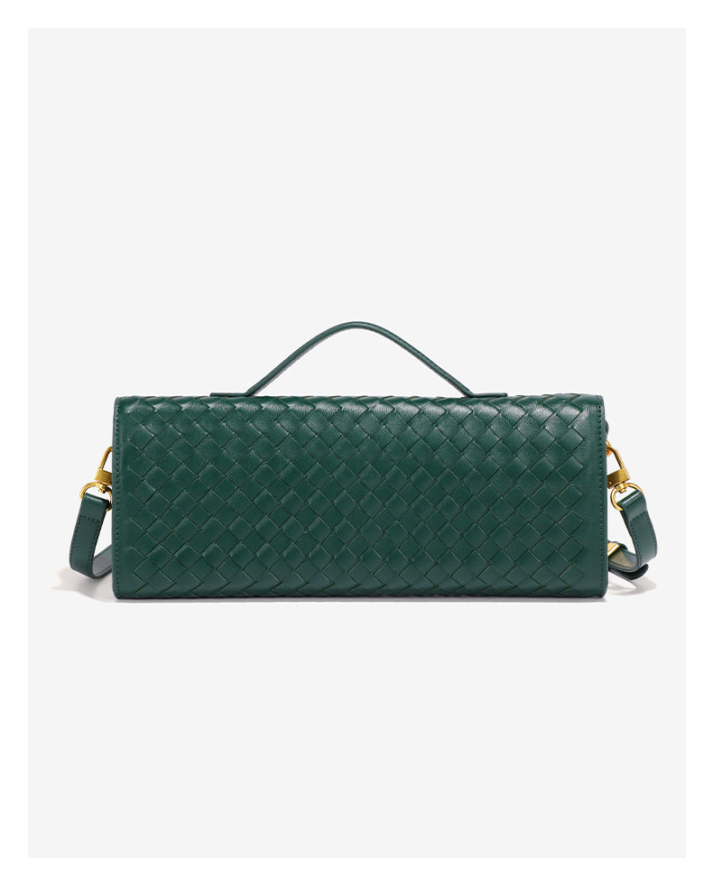 Gold woven PU leather evening clutch baguette bag with top handle and adjustable shoulder strap — view 5