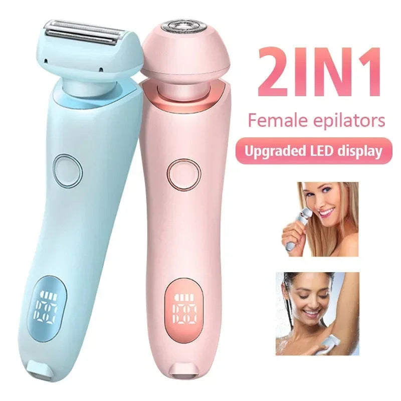 Blue 2-in-1 electric razor for women with interchangeable facial and body trimmer heads — view 2