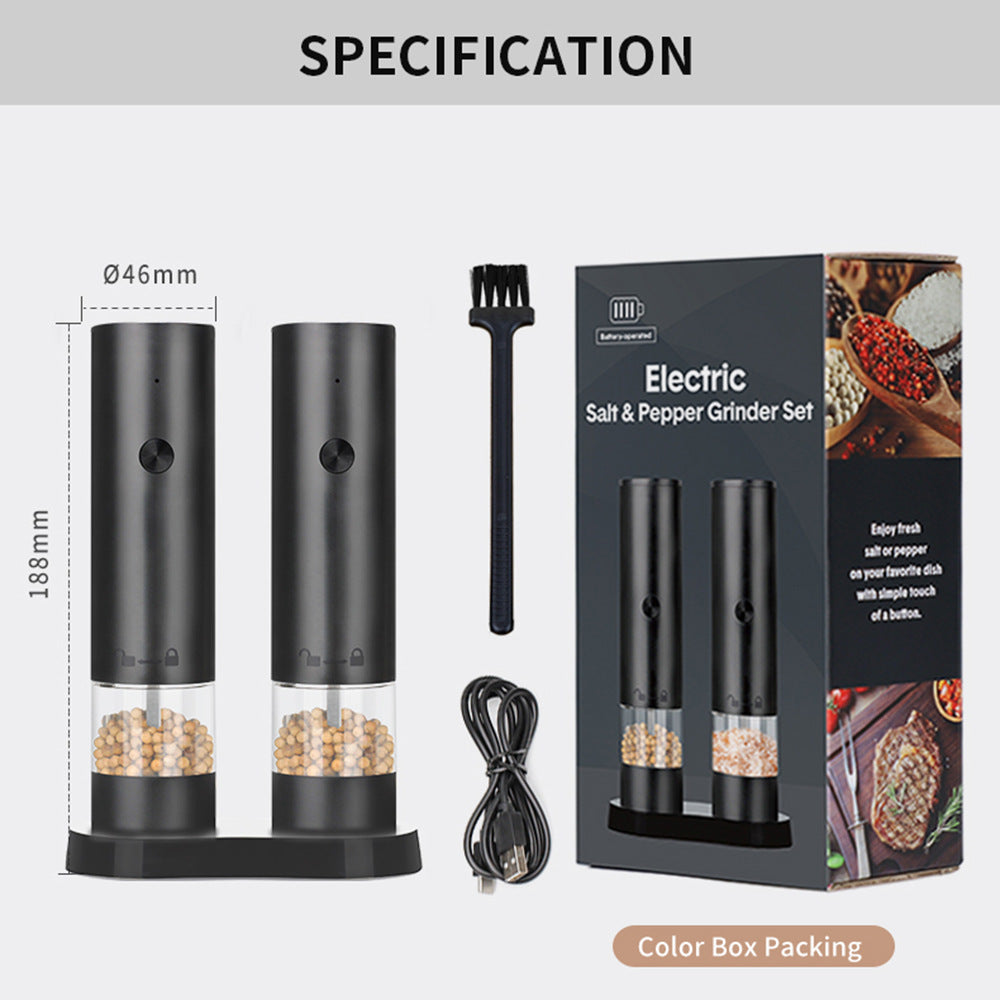 Sleek electric salt and pepper grinder set with transparent spice chambers and USB charging port