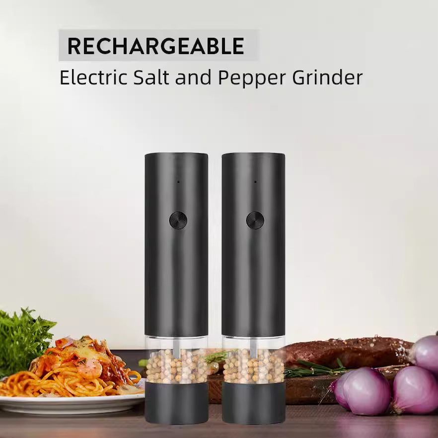 Sleek electric salt and pepper grinder set with transparent spice chambers and USB charging port — view 2