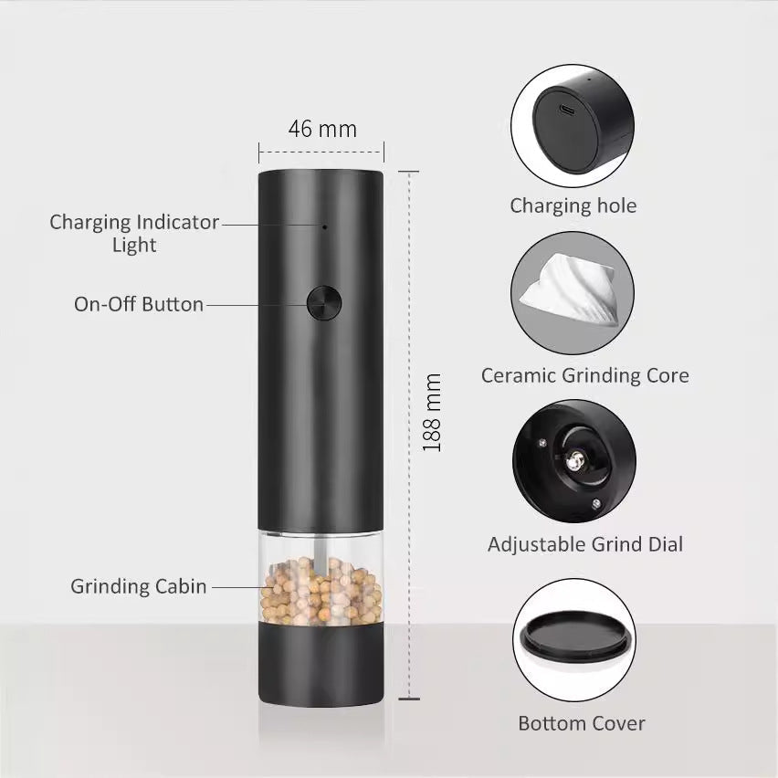 Sleek electric salt and pepper grinder set with transparent spice chambers and USB charging port — view 3
