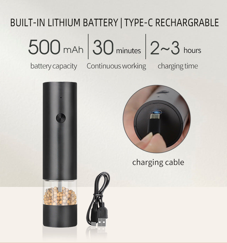 Sleek electric salt and pepper grinder set with transparent spice chambers and USB charging port — view 4
