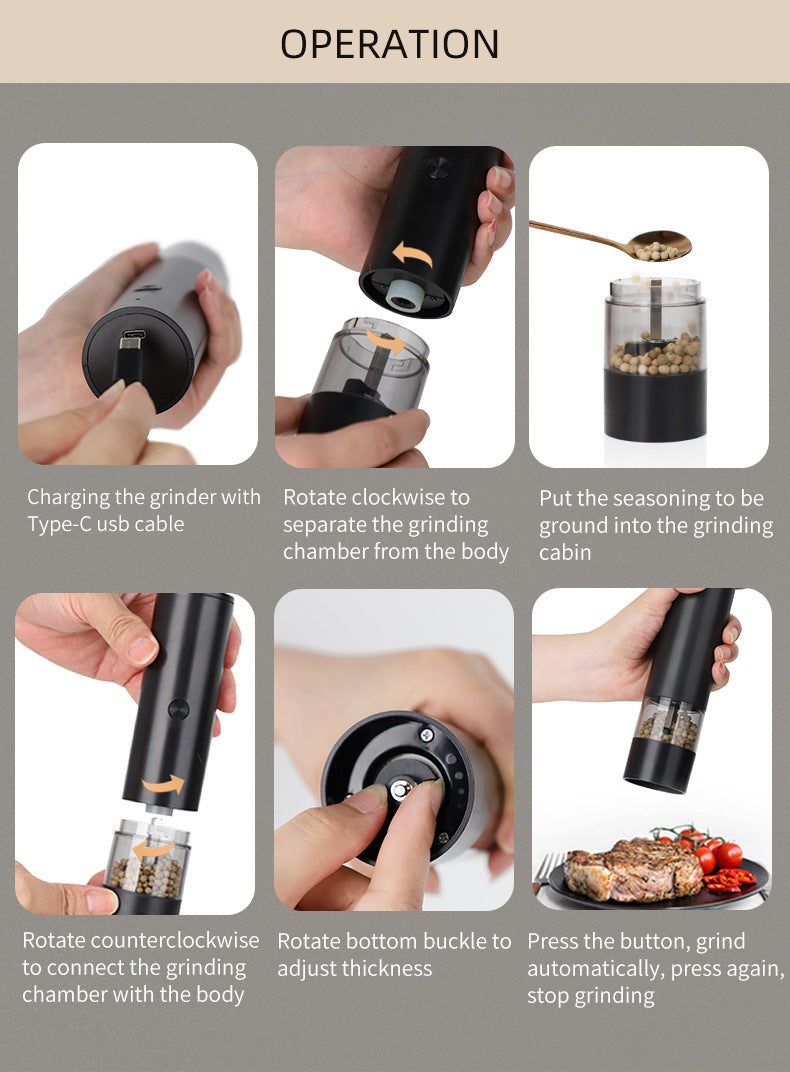 Sleek electric salt and pepper grinder set with transparent spice chambers and USB charging port — view 5