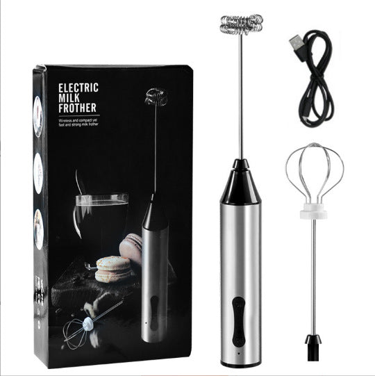 Rechargeable electric milk frother with stainless steel whisk and ergonomic handle for coffee and baking