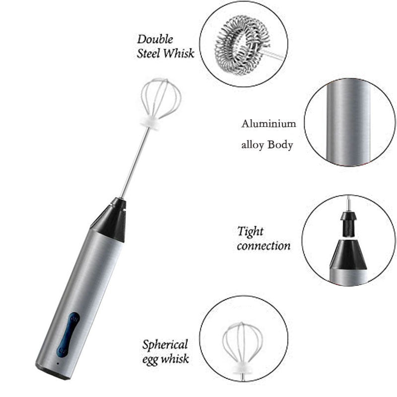 Rechargeable electric milk frother with stainless steel whisk and ergonomic handle for coffee and baking — view 3