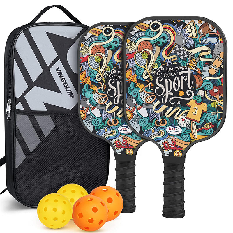 Vibrant graffiti design fiberglass pickleball paddle set with four balls and black storage bag