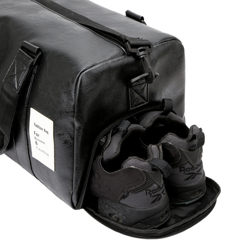 Brown PU leather men's gym and travel duffel bag with detachable shoulder strap and side handles — view 3