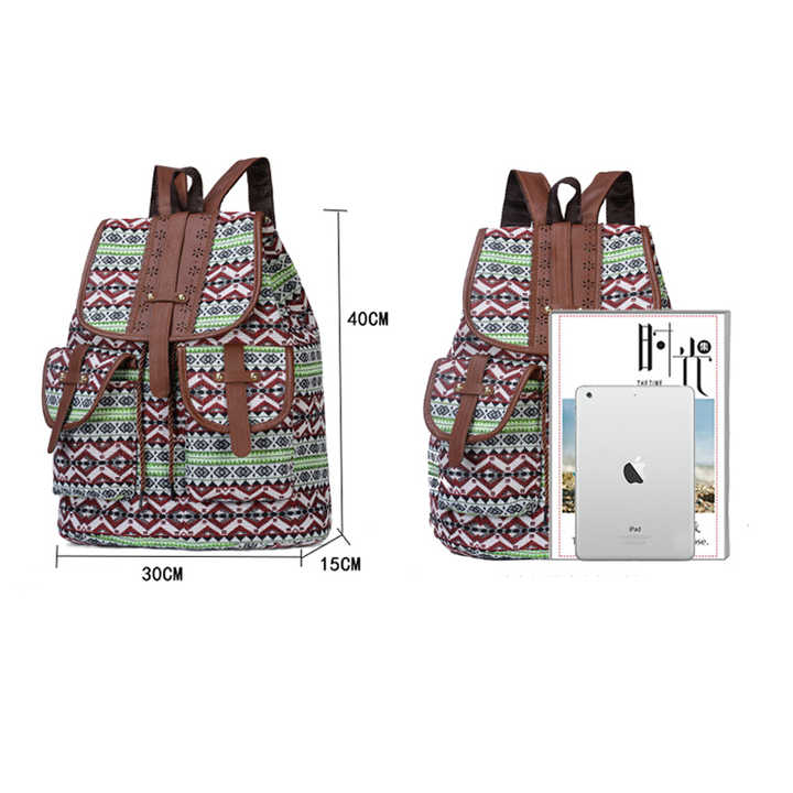 Bohemian canvas backpack featuring a colorful vintage tribal diamond pattern and faux leather straps — view 2