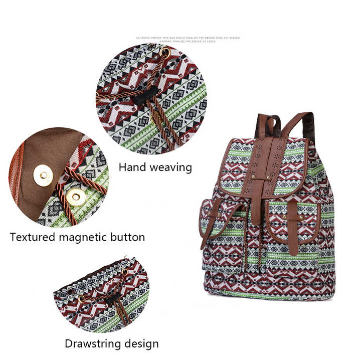 Bohemian canvas backpack featuring a colorful vintage tribal diamond pattern and faux leather straps — view 3