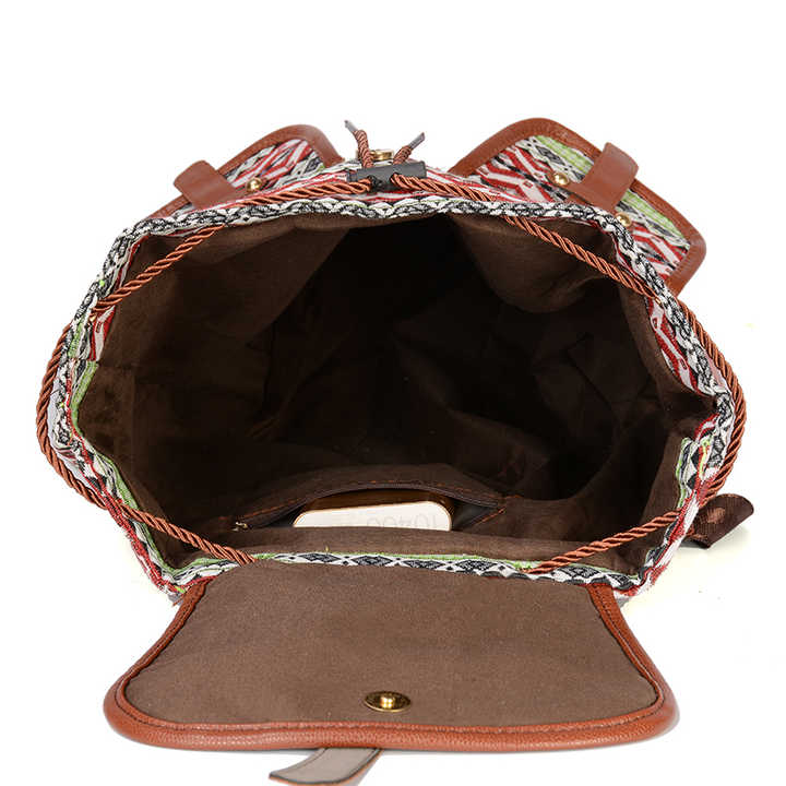 Bohemian canvas backpack featuring a colorful vintage tribal diamond pattern and faux leather straps — view 5