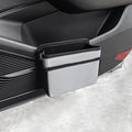 Grey waterproof hanging car storage bag and back seat organizer attached to a car seat.