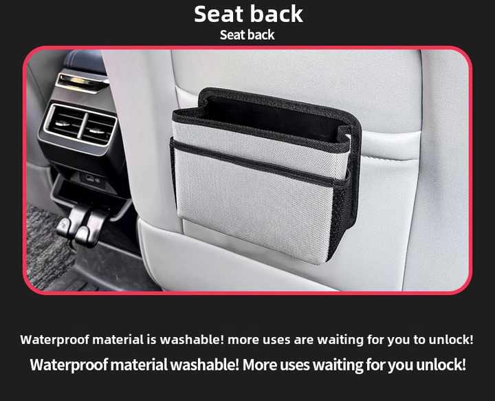 Grey waterproof hanging car storage bag and back seat organizer attached to a car seat. — view 5