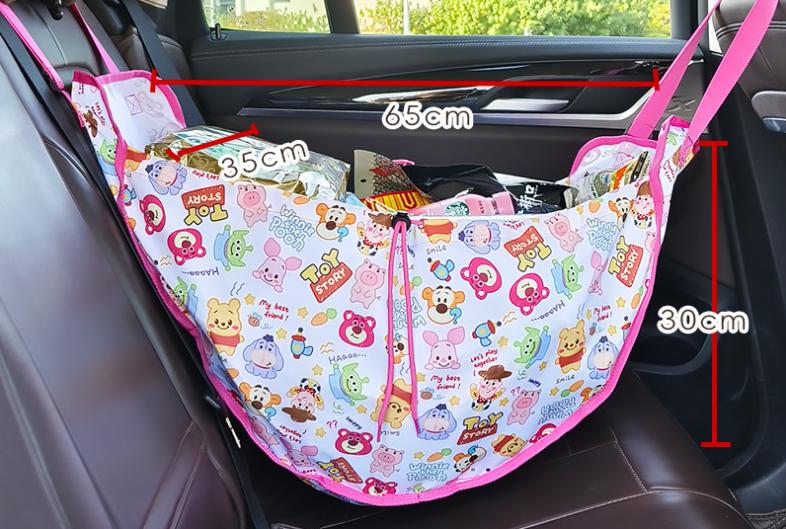 Green car back seat organizer hammock made of durable polyester holding travel essentials and travel essentials — view 2