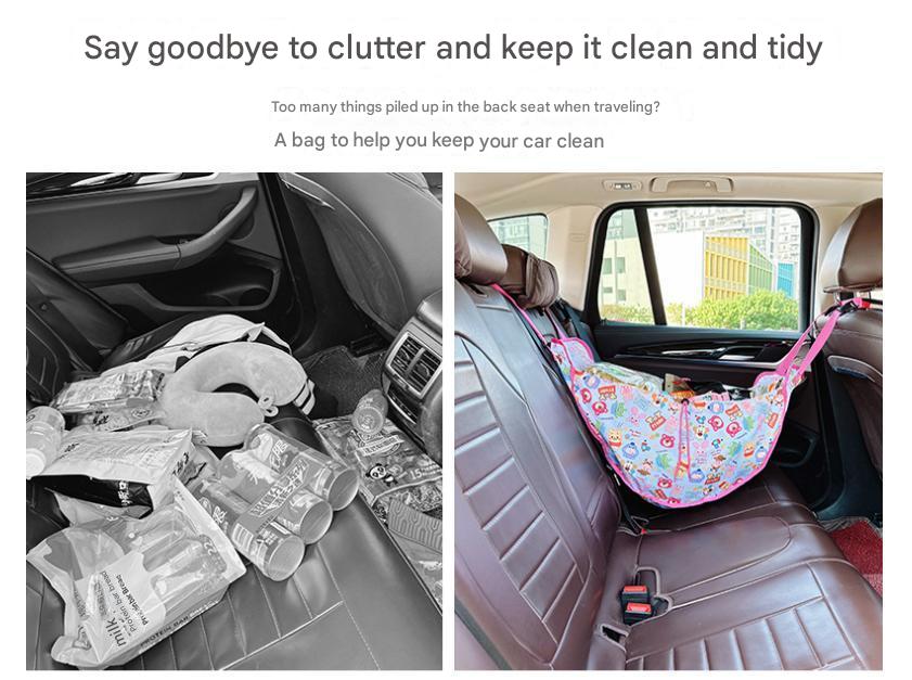 Green car back seat organizer hammock made of durable polyester holding travel essentials and travel essentials — view 4
