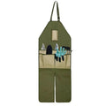 Khaki heavy-duty gardening apron with multiple tool pockets and adjustable waist and shoulder straps