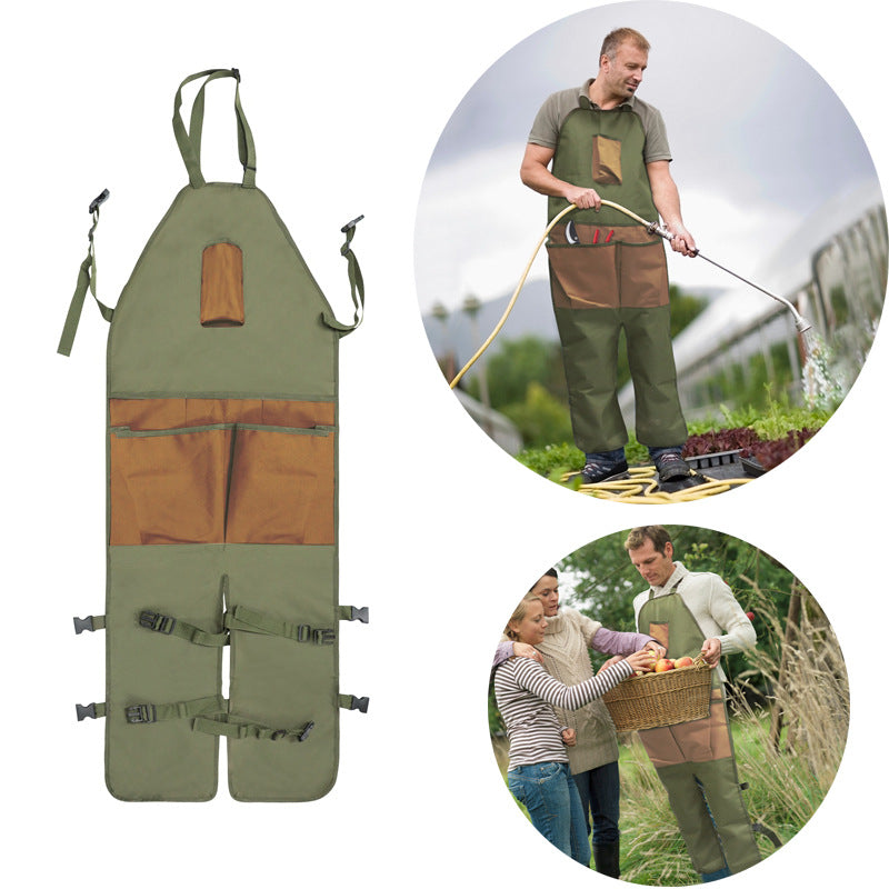 Khaki heavy-duty gardening apron with multiple tool pockets and adjustable waist and shoulder straps — view 2