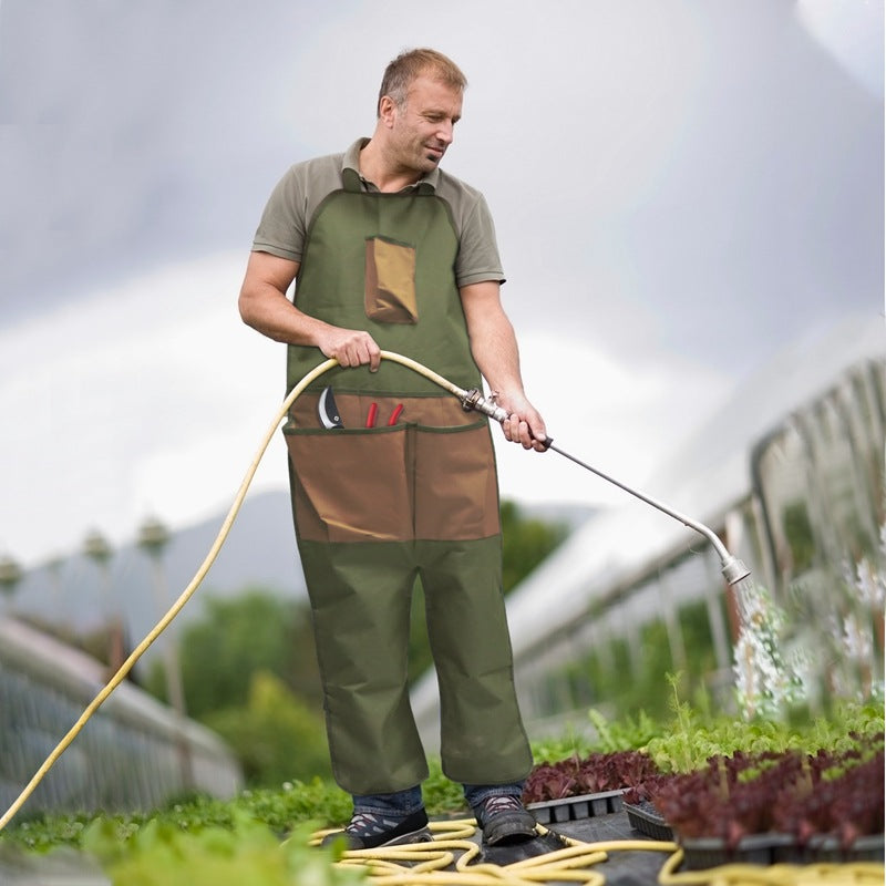 Khaki heavy-duty gardening apron with multiple tool pockets and adjustable waist and shoulder straps — view 4