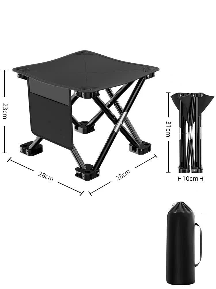 Black portable outdoor folding stool with metal frame and heavy duty fabric for camping and picnics