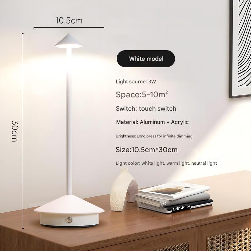 White minimalist aluminum mushroom LED night light with anti slip base and touch control