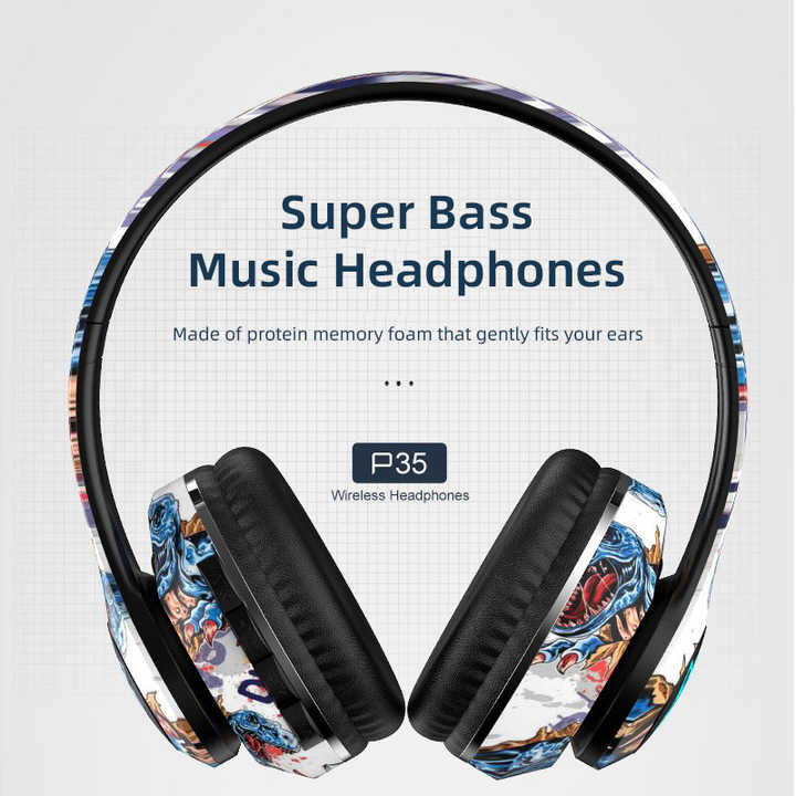 Wireless over-ear Bluetooth headphones featuring a vibrant graffiti pattern and soft comfortable ear cushions — view 2