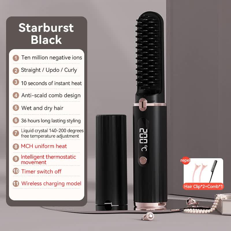 Black cordless hair straightener brush with adjustable temperature LCD display and styling accessories