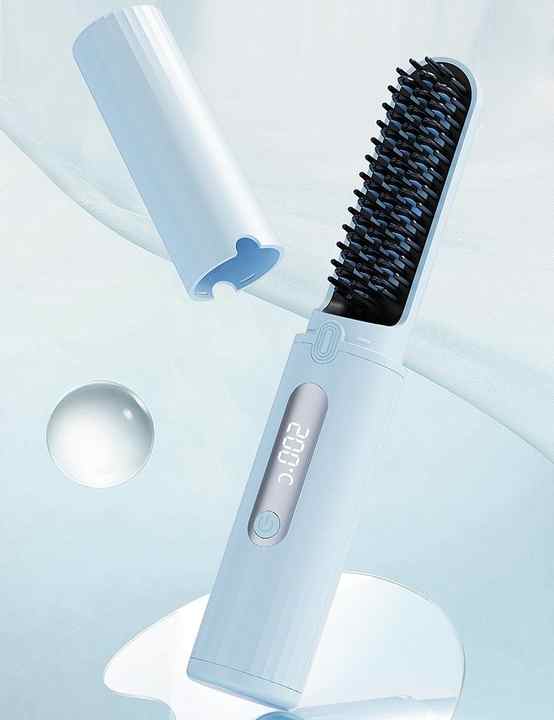 Black cordless hair straightener brush with adjustable temperature LCD display and styling accessories — view 2