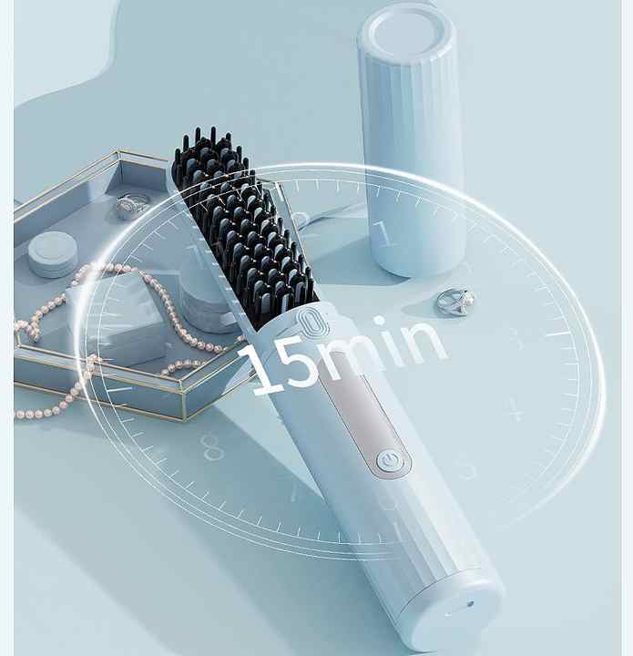 Black cordless hair straightener brush with adjustable temperature LCD display and styling accessories — view 3