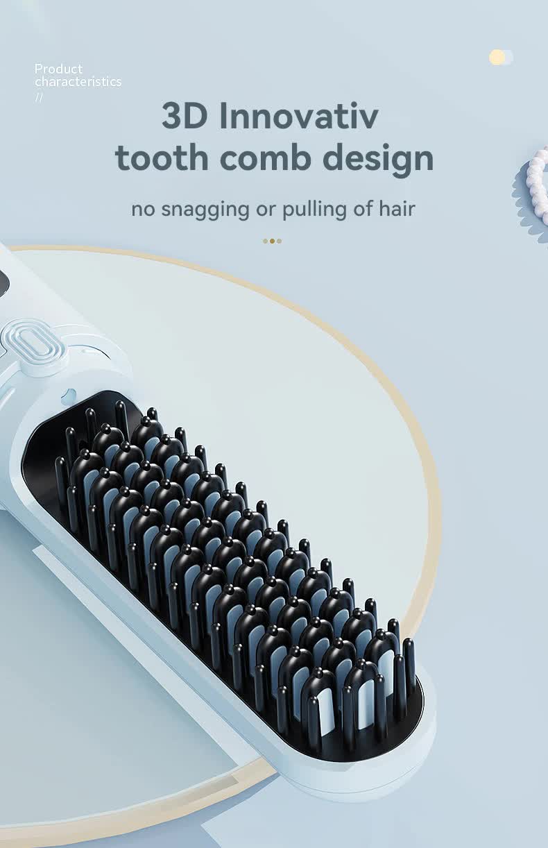 Black cordless hair straightener brush with adjustable temperature LCD display and styling accessories — view 4