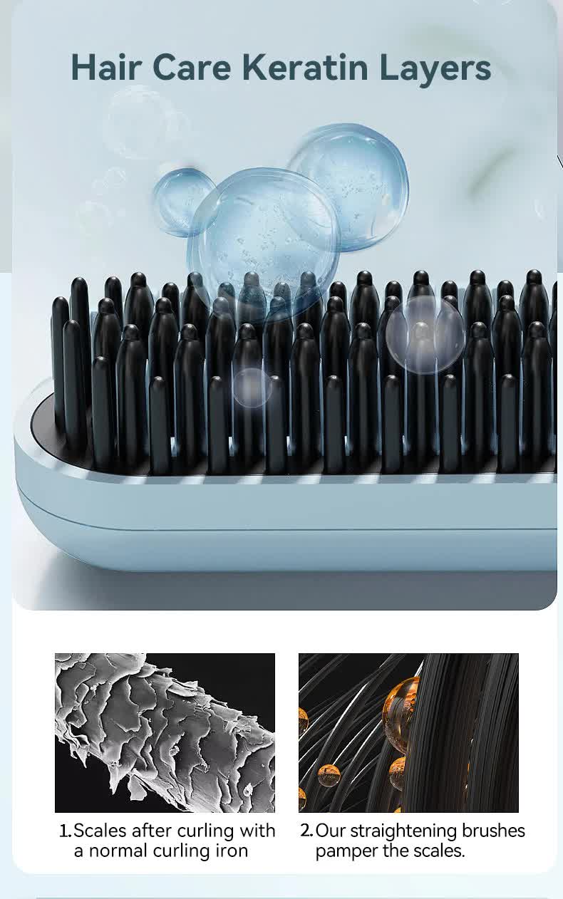 Black cordless hair straightener brush with adjustable temperature LCD display and styling accessories — view 5