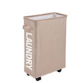 Rolling laundry basket in coffee brown with smooth wheels and a collapsible steel frame.