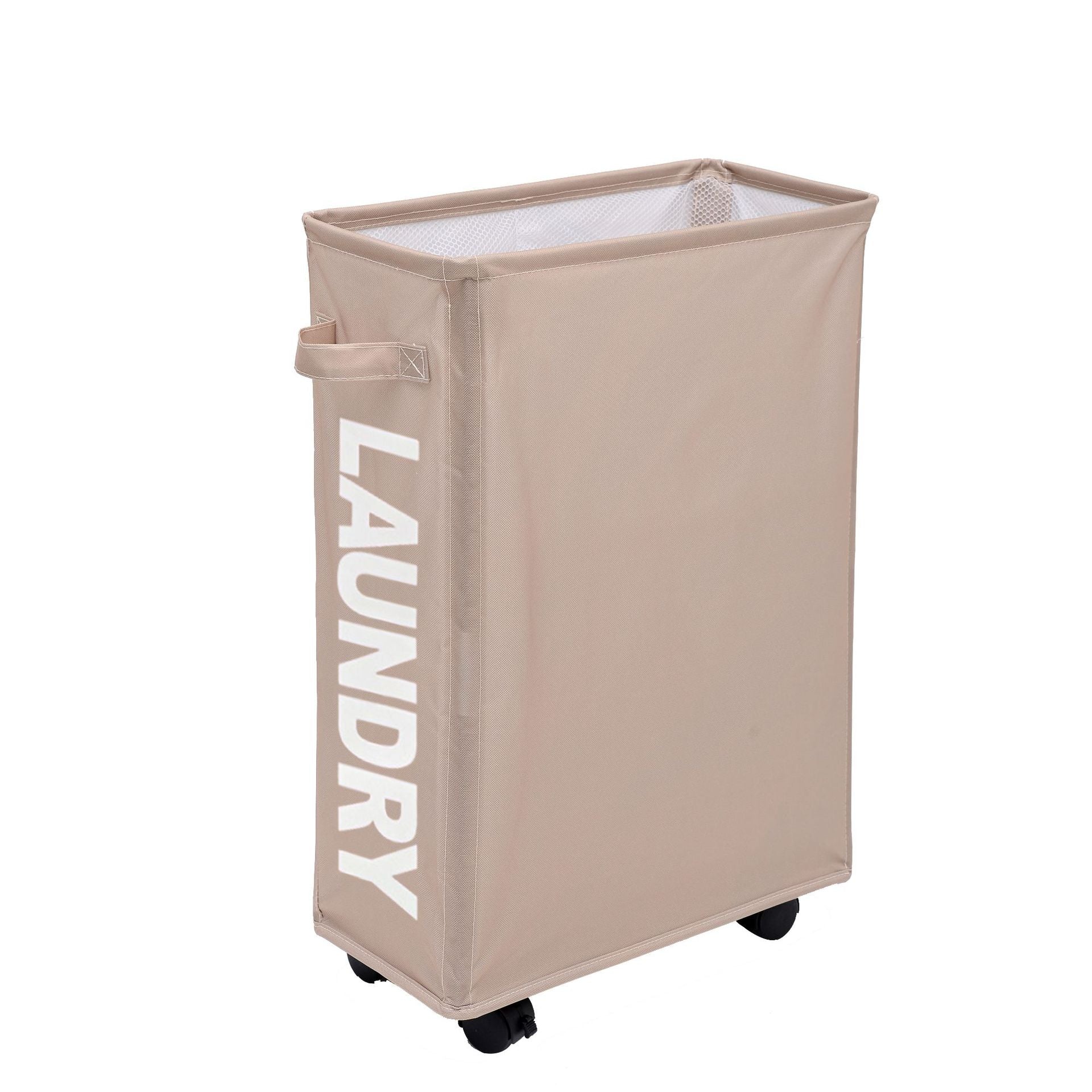 Rolling laundry basket in coffee brown with smooth wheels and a collapsible steel frame.